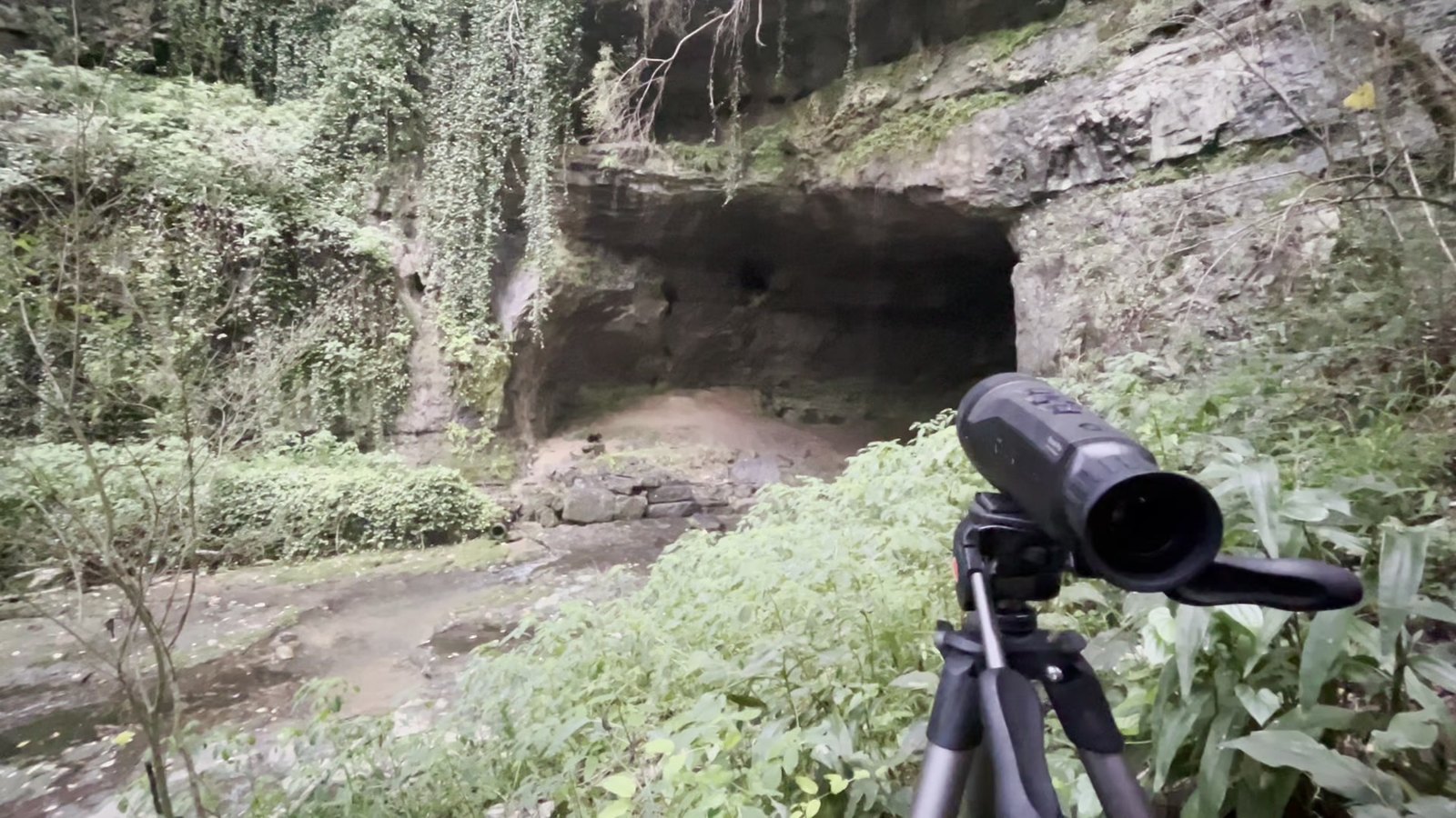 A thermal camera on a tripod set up in front of a cave entrance, aimed at the opening